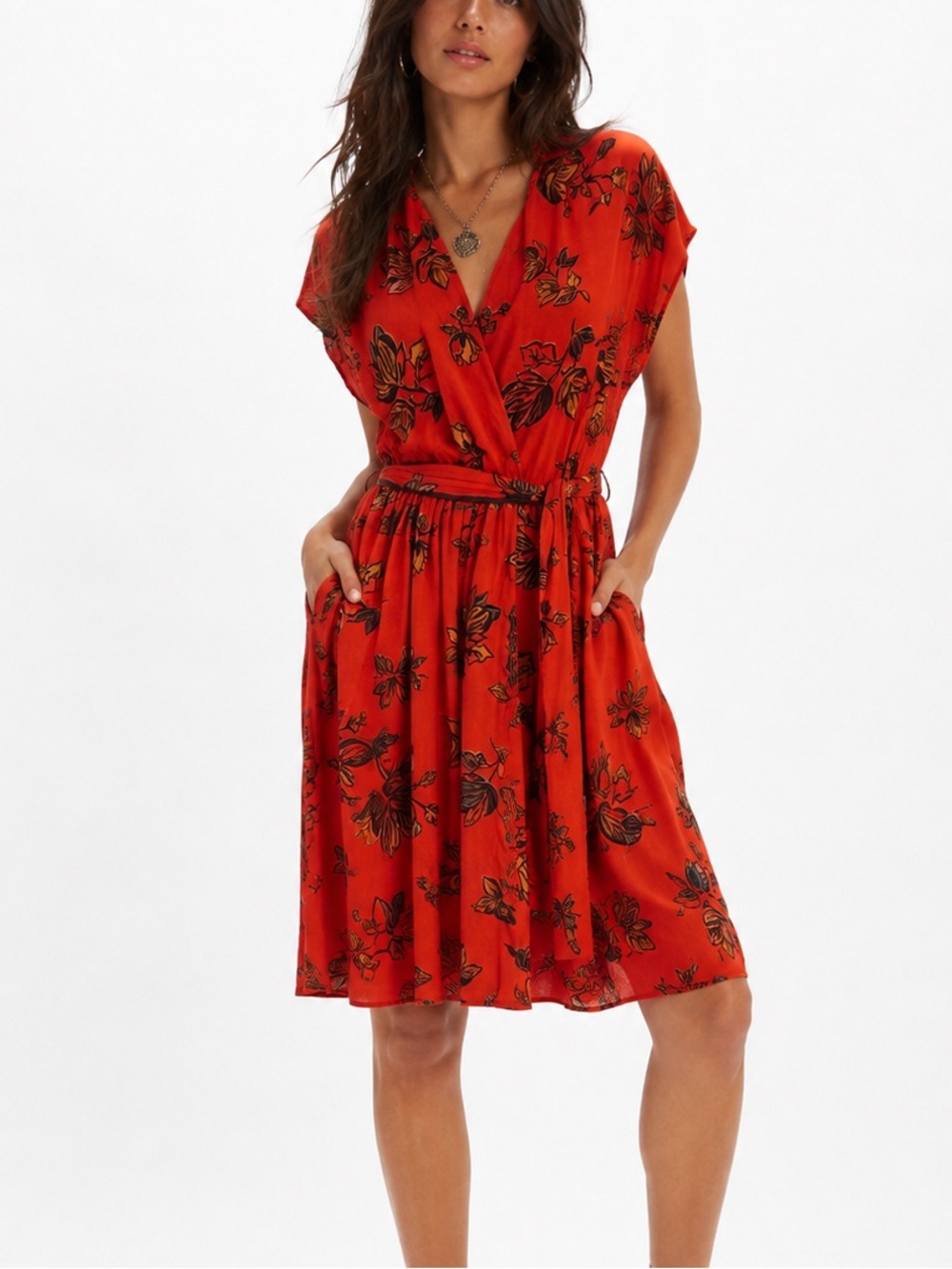 Maeve Anthropologie Noronha Red Floral Wrap Dress Medium Boho Midi